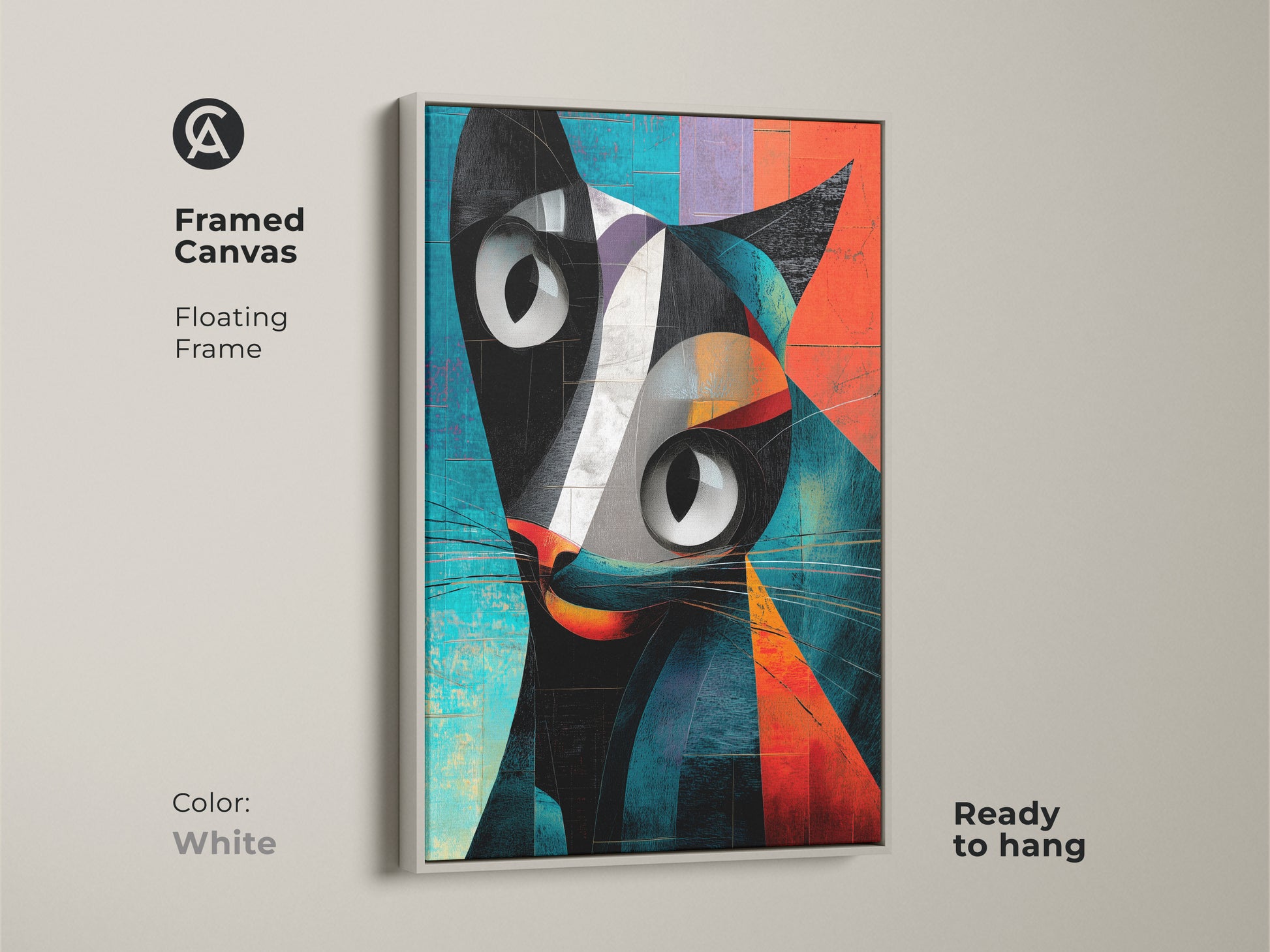 Framed canvas presenting geometric cat artwork. The white floating frame complements the modern artwork. This abstract animal print is ready to hang. The black orange and teal colors provide a contemporary vibe. Ideal for adding a unique touch.