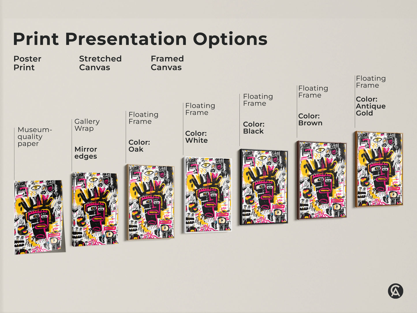 Explore print presentation options for abstract face artwork. Choose from poster prints stretched canvas and framed canvas. Select a floating frame in black brown antique gold or white. Find the perfect style for your modern art.