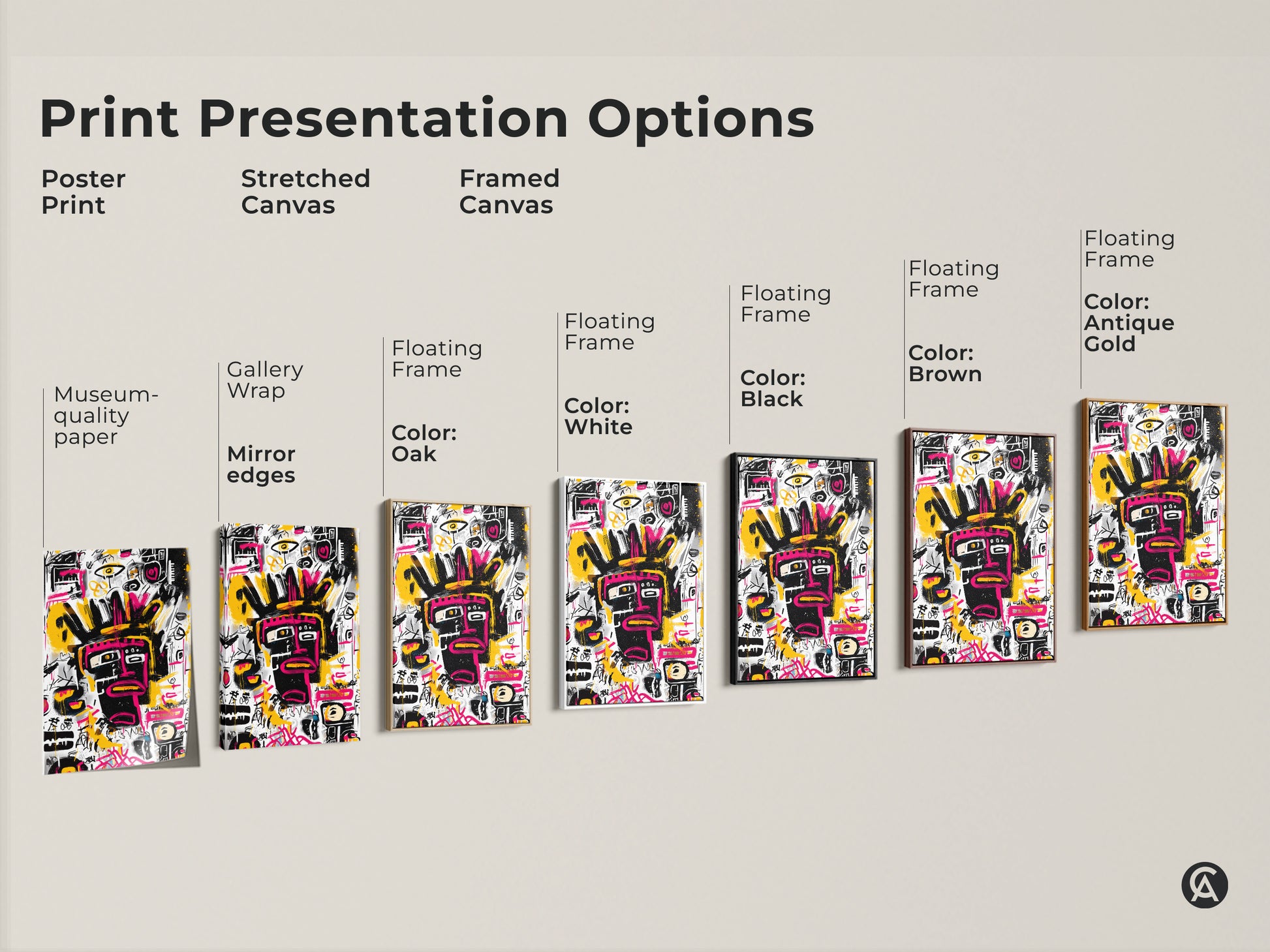 Explore print presentation options for abstract face artwork. Choose from poster prints stretched canvas and framed canvas. Select a floating frame in black brown antique gold or white. Find the perfect style for your modern art.