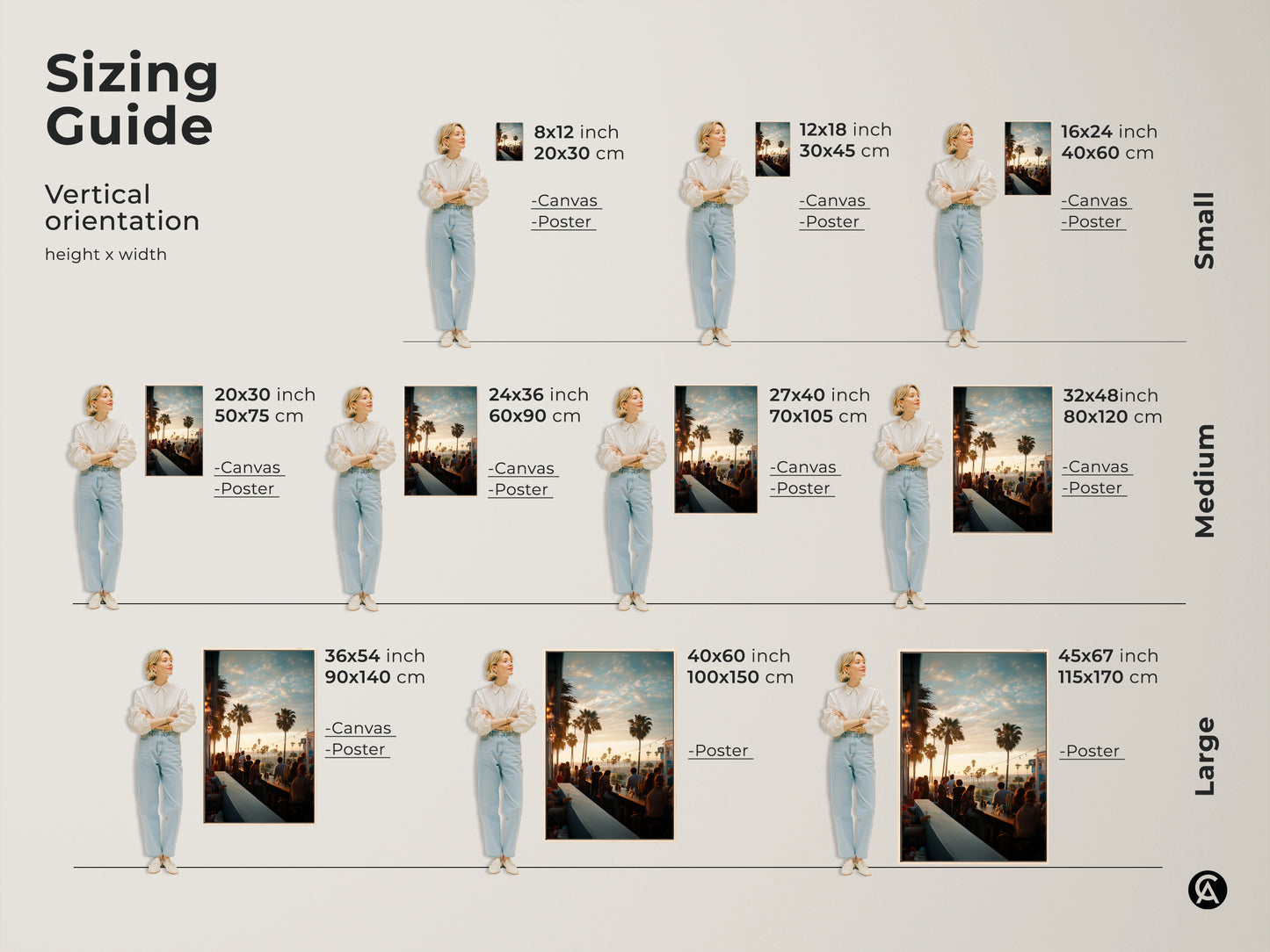 Sizing guide for vertical artwork featuring our sunset bar scene. Find the perfect fit with canvas and poster options available in sizes from 8x12 to 45x67 inches. Visualize how each size will enhance your space.