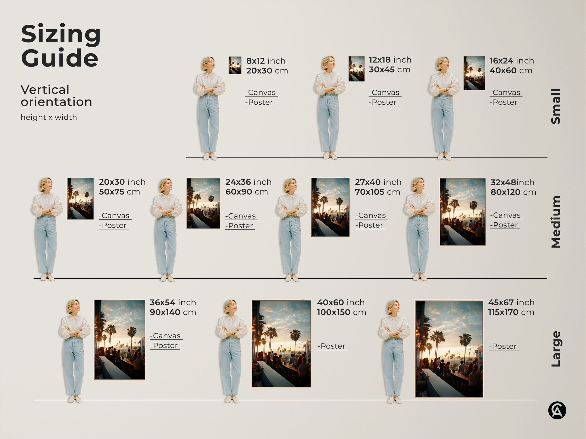 Sizing guide for vertical artwork featuring our sunset bar scene. Find the perfect fit with canvas and poster options available in sizes from 8x12 to 45x67 inches. Visualize how each size will enhance your space.