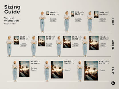 Sizing guide for vertical artwork featuring our sunset bar scene. Find the perfect fit with canvas and poster options available in sizes from 8x12 to 45x67 inches. Visualize how each size will enhance your space.