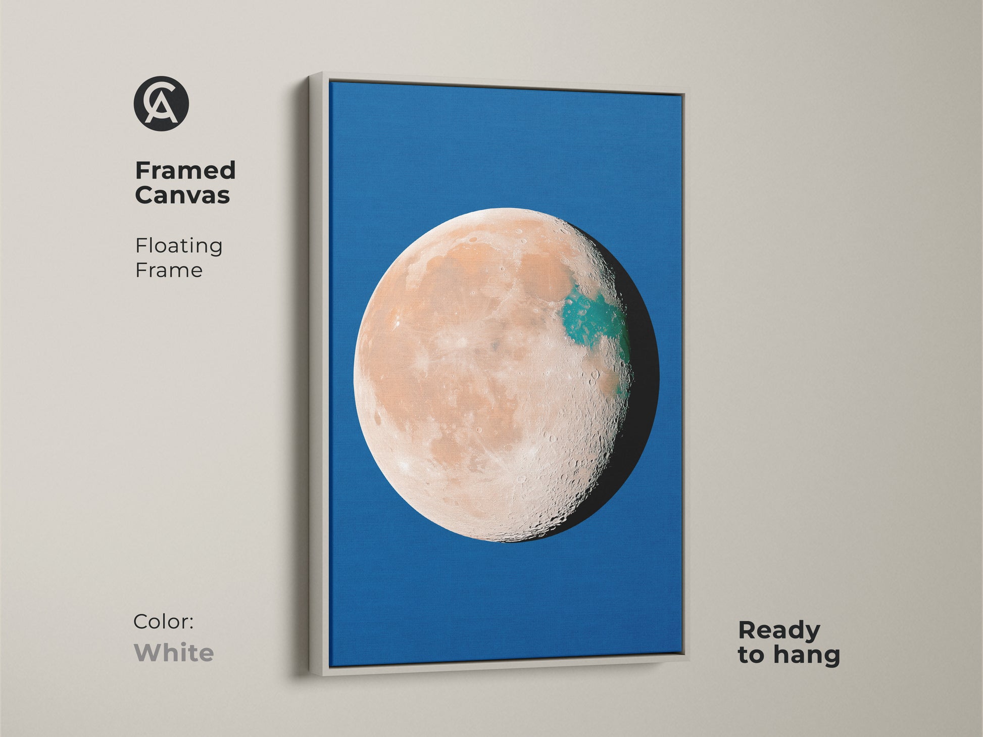 Framed canvas featuring abstract planet artwork in a white frame. The celestial moon decor contrasts with a blue background. Surreal minimalist bedroom art in orange and teal tones. A perfect ready to hang space artwork.