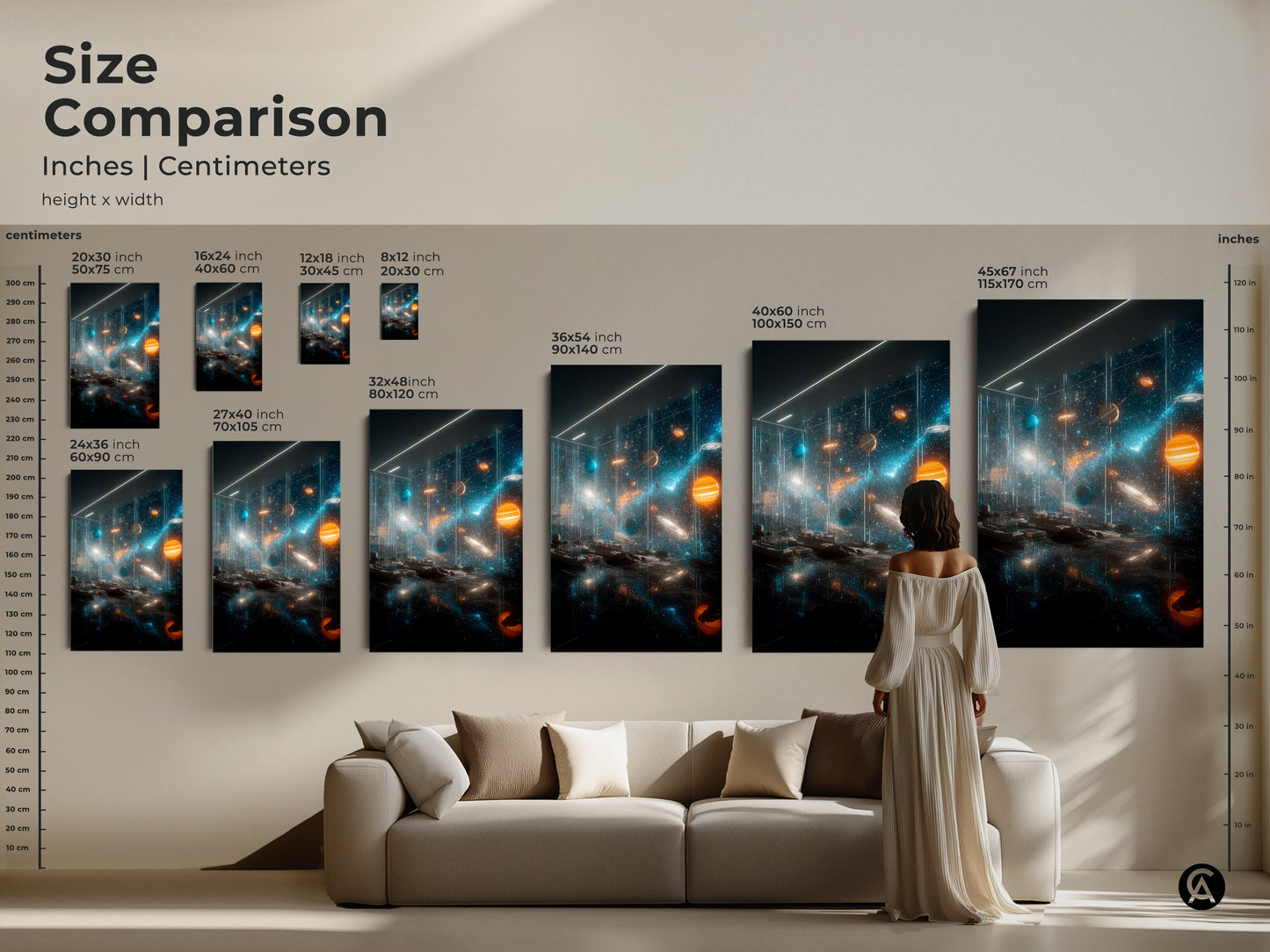 Size comparison of space art prints. See how different sizes of this vibrant solar system artwork look in a living room setting. Featuring planets stars and cosmic dust this piece can transform your space with cosmic beauty. Perfect for art collectors.