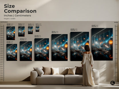 Size comparison of space art prints. See how different sizes of this vibrant solar system artwork look in a living room setting. Featuring planets stars and cosmic dust this piece can transform your space with cosmic beauty. Perfect for art collectors.