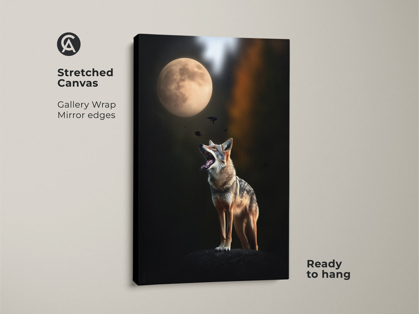 Stretched canvas print featuring a coyote howling at the moon. This wildlife photography wall art has gallery wrapped mirror edges. It arrives ready to hang adding a touch of nature to your home. Perfect animal lover gift canvas for bedroom wall art.
