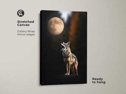 Stretched canvas print featuring a coyote howling at the moon. This wildlife photography wall art has gallery wrapped mirror edges. It arrives ready to hang adding a touch of nature to your home. Perfect animal lover gift canvas for bedroom wall art.