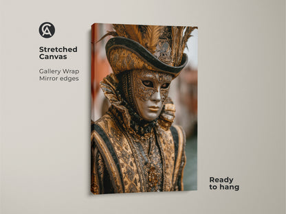 Stretched canvas print of a Venetian masquerade mask. The gallery wrap showcases mirror edges. This baroque costume artwork is ready to hang. The print features ornate gold and black artwork. It adds an eclectic touch to your home decor.