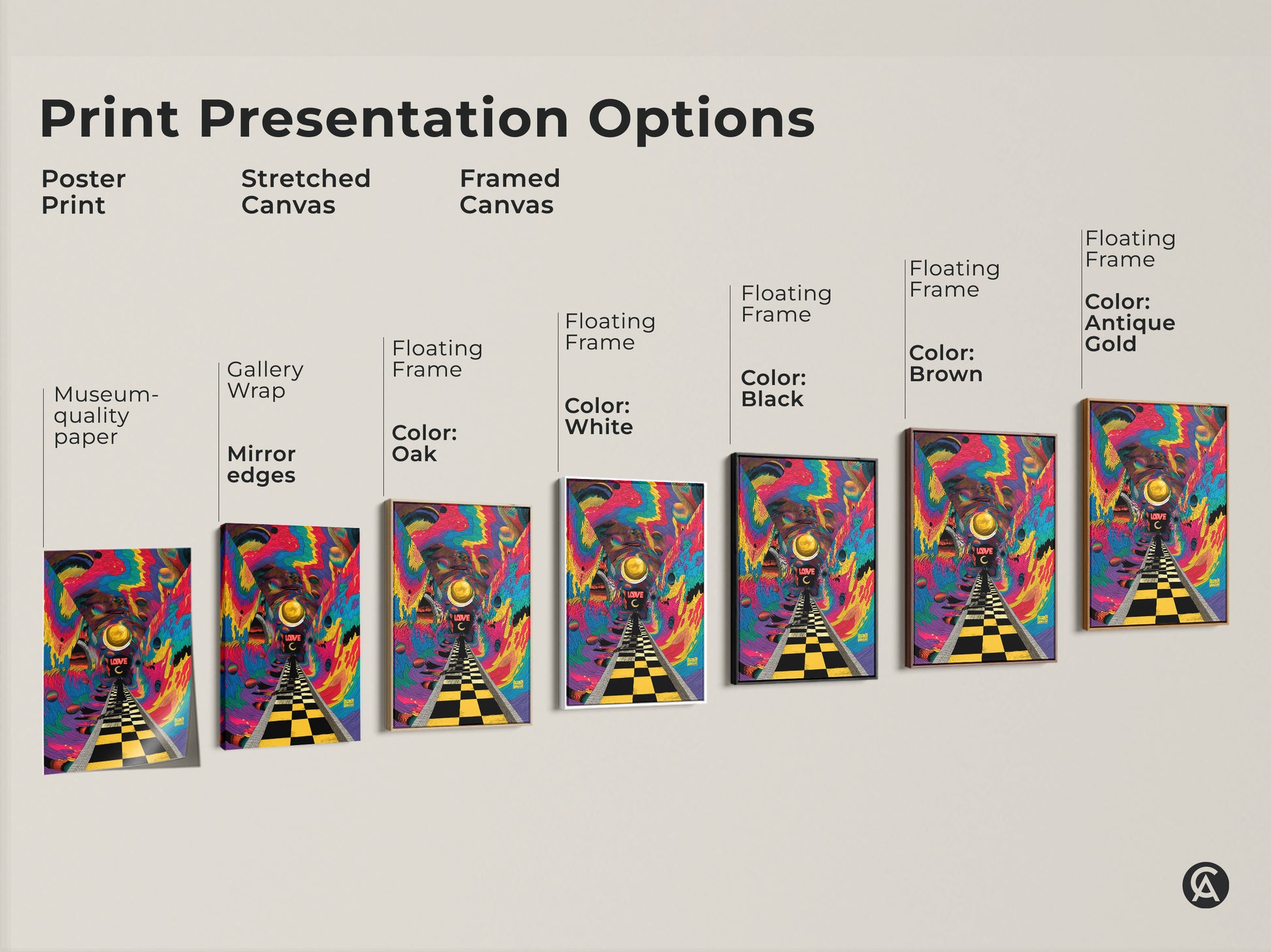 Sizing guide for vertical psychedelic tunnel artwork. Art sizes range from small to large canvas and poster options. The artwork features a checkered path leading to the word LOVE. A golden orb floats above. Find the perfect size for your space.