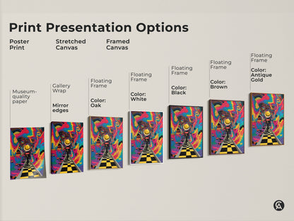 Sizing guide for vertical psychedelic tunnel artwork. Art sizes range from small to large canvas and poster options. The artwork features a checkered path leading to the word LOVE. A golden orb floats above. Find the perfect size for your space.
