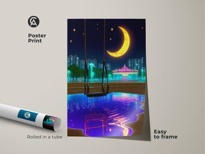 Poster print featuring a dreamy night sky with a crescent moon and carousel. Easy to frame this surreal vaporwave art is perfect for eclectic spaces. With blue and yellow tones this print makes a unique gift for anime fans seeking imaginative urban wall decor.