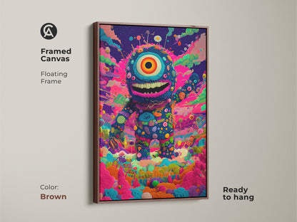 Framed canvas of a whimsical monster artwork. The floating frame has a brown finish. The colorful one-eyed character is ready to hang. This art adds a playful touch to your decor. The brown frame complements the vibrant colors.
