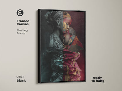 This framed canvas showcases an African mother and child in striking detail. A floating black frame enhances the tribal fusion artwork. Ready to hang this contemporary piece adds elegance. The red gold and teal tones create a warm ambiance. Perfect for eclectic interiors.