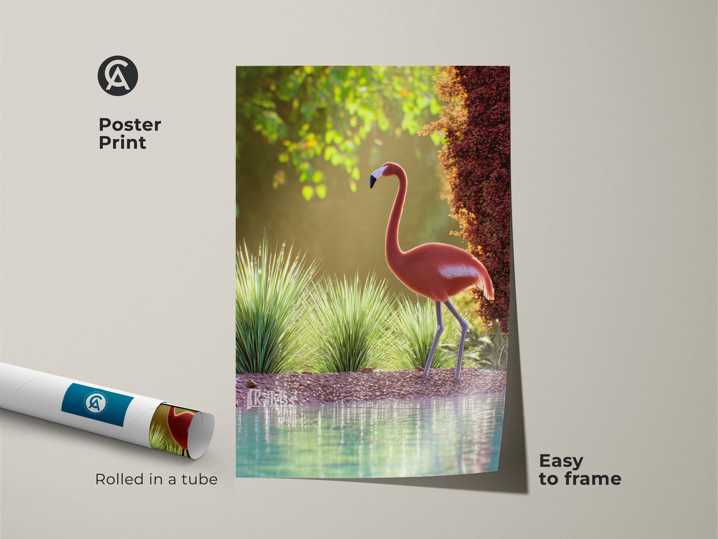 Poster print of a pink flamingo in its natural habitat rolled in a tube. Easy to frame this wildlife artwork brings coastal charm to your walls. The nature photography captures the essence of a serene outdoor scene. Perfect for adding a touch of tropical beauty to your home decor. A great gift for bird watchers.