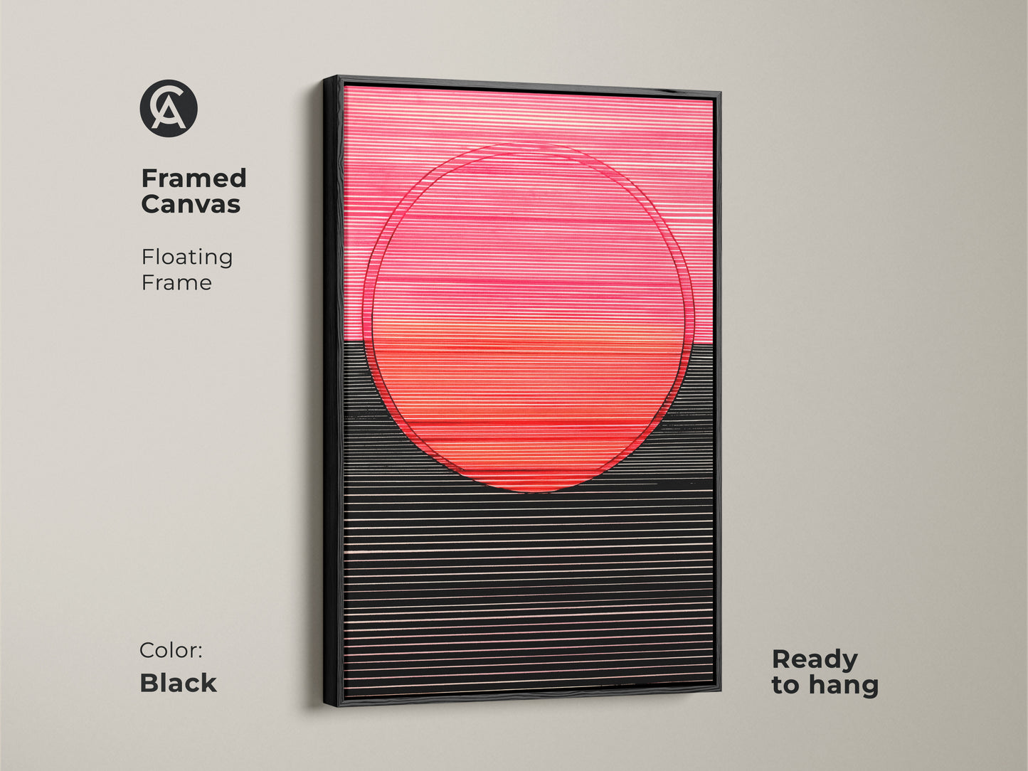 Ready to hang framed canvas art of geometric lines and circle. The floating frame has a black finish. This modern minimalist wall decor is hot pink coral and black. Perfect for any room.