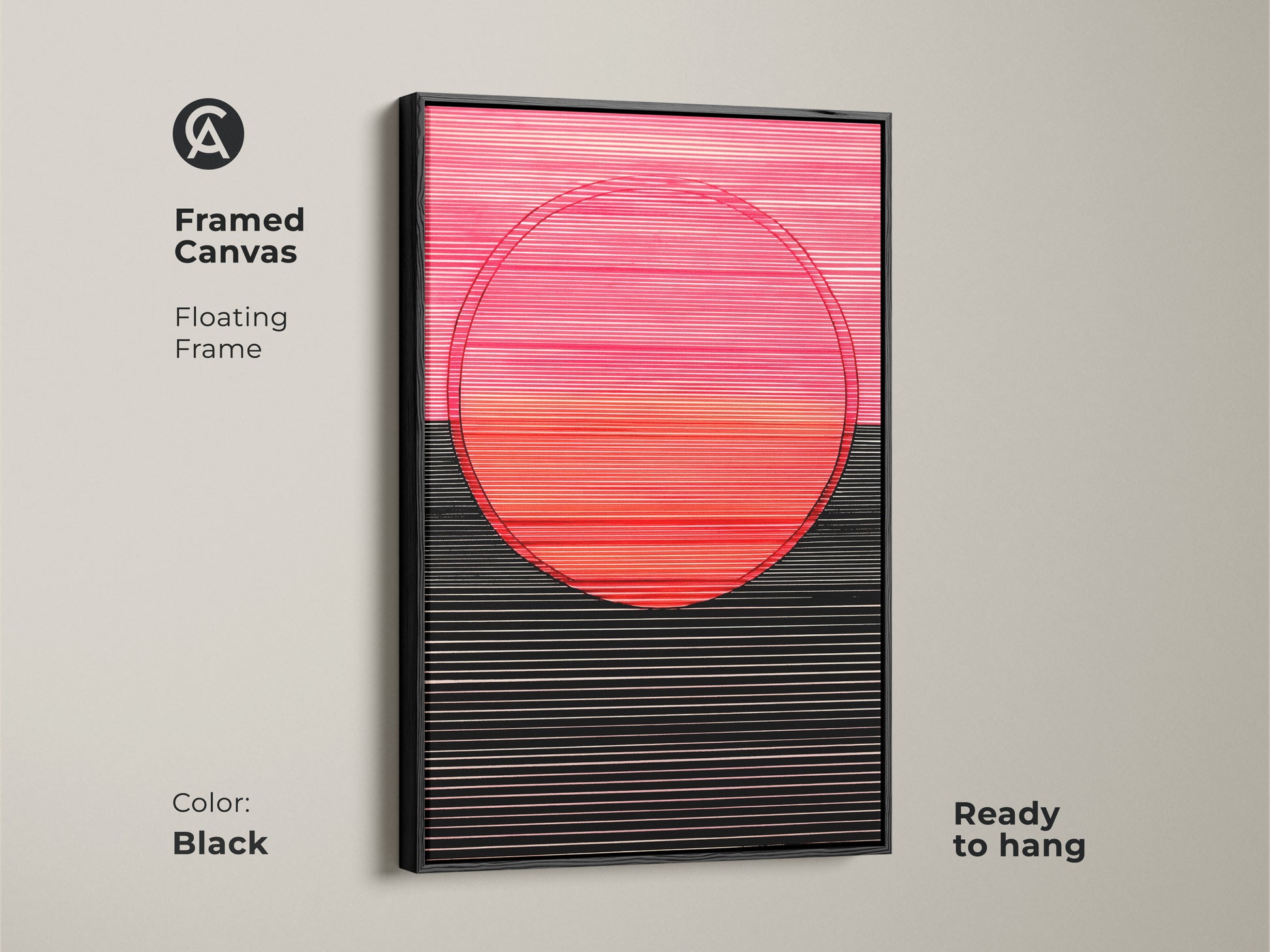 Ready to hang framed canvas art of geometric lines and circle. The floating frame has a black finish. This modern minimalist wall decor is hot pink coral and black. Perfect for any room.
