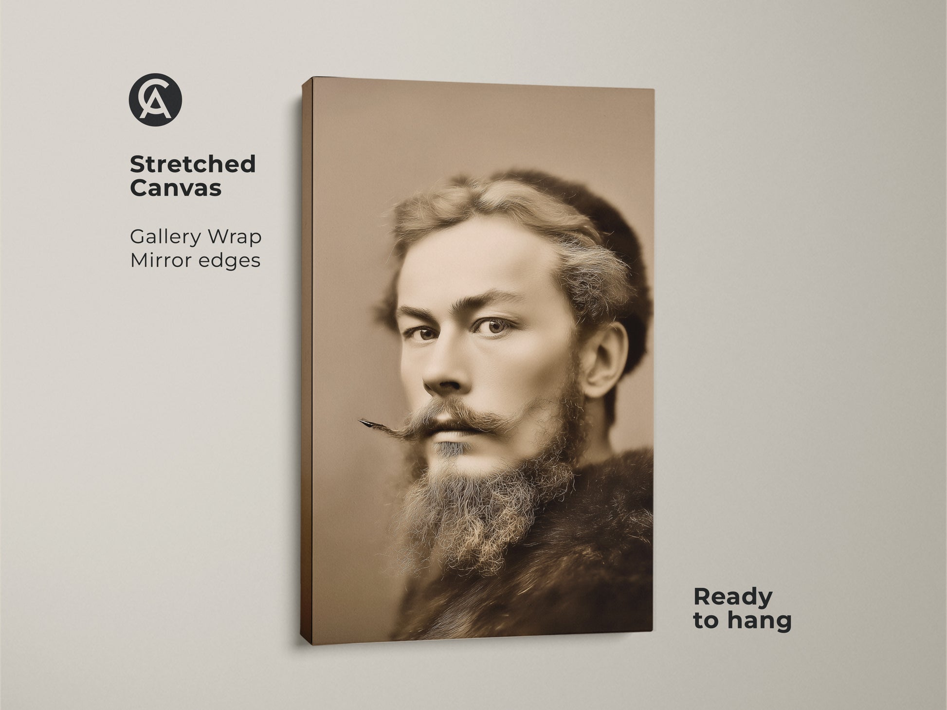 Close-up of a sepia tone canvas print of a bearded gentleman. This vintage man portrait artwork offers a classic aesthetic for any space. It is ready to hang.