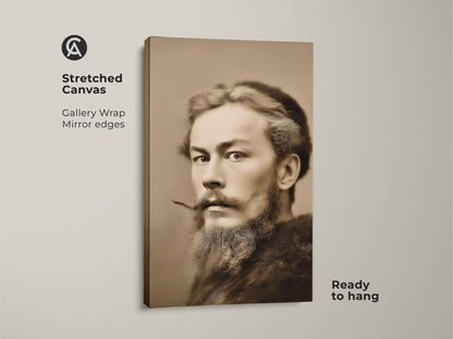 Close-up of a sepia tone canvas print of a bearded gentleman. This vintage man portrait artwork offers a classic aesthetic for any space. It is ready to hang.