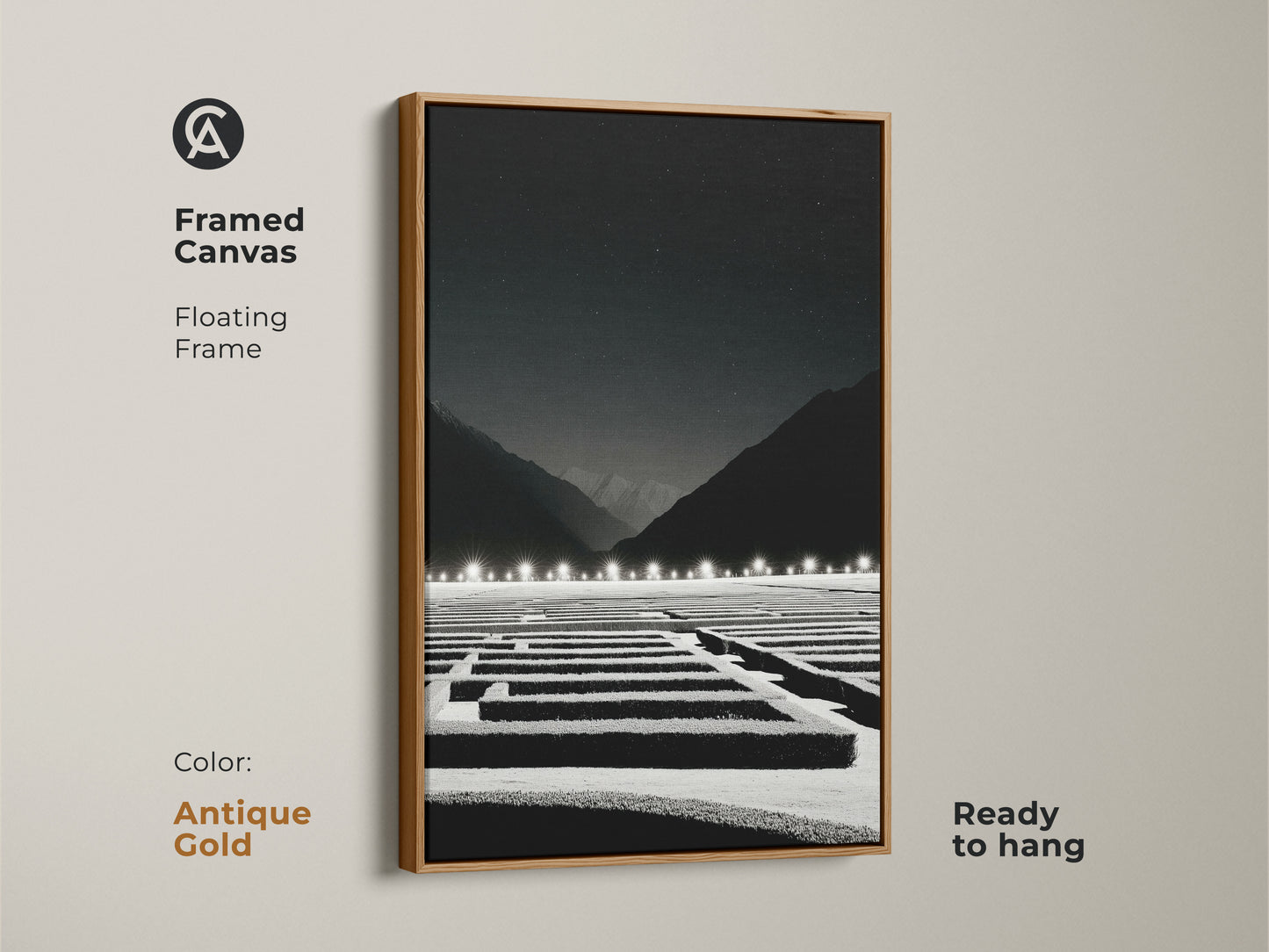 Antique gold framed canvas highlighting minimalist maze artwork. This modern landscape art shows a black and white night sky. A perfect office strategy gift and sophisticated wall decor.