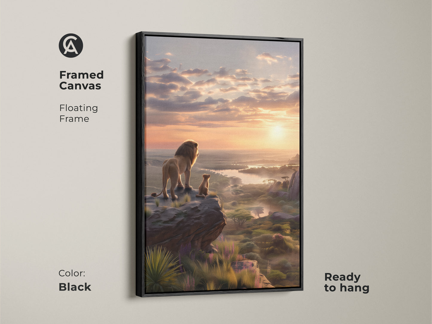 Framed canvas art featuring a lion and cub at sunrise. The floating black frame enhances this majestic animal artwork. Add a touch of nature with this savanna sunset wall art. This realistic wildlife painting is ready to hang for easy home decor.