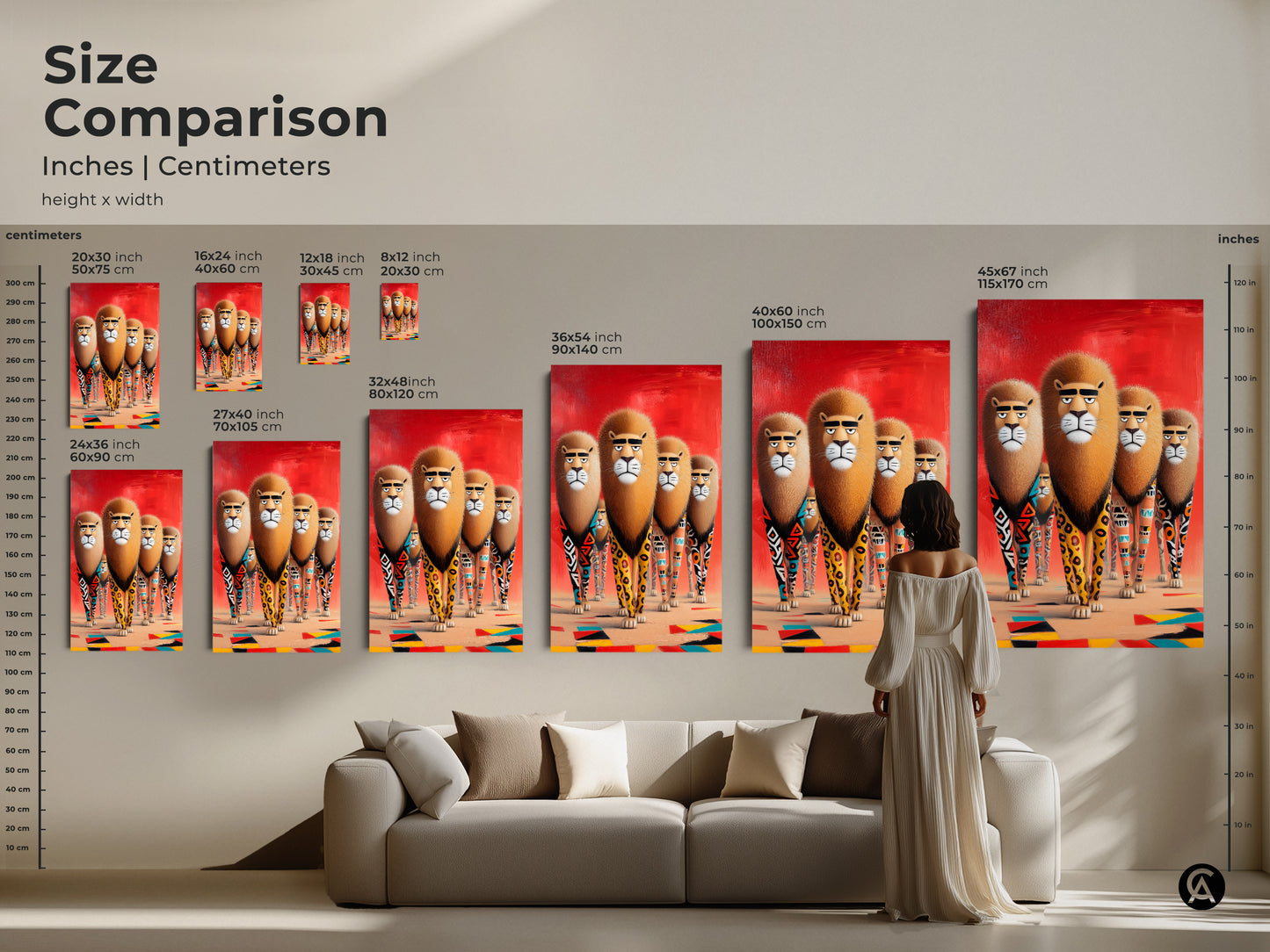 The image shows size comparisons of a canvas print featuring lions with tribal geometric legs in various sizes. This vibrant red orange black animal artwork suits different spaces. It's ideal for modern eclectic home decor and a thoughtful gift for animal lovers.