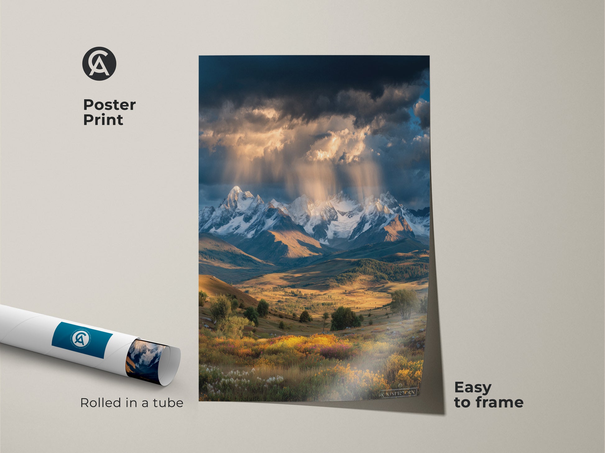 This poster print displays a breathtaking mountain landscape. Featuring snowy peaks and a wildflower field artwork comes rolled in a tube. Easy to frame this piece brings the beauty of nature to any room a perfect gift for hikers.