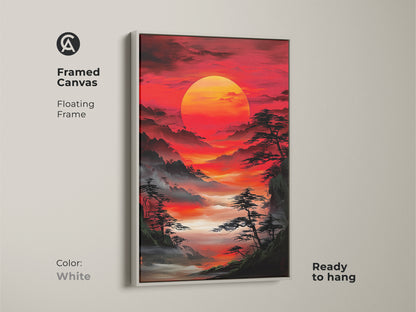 Framed canvas with a floating frame in white displaying Asian-inspired landscape artwork. A red sunrise over misty mountains and pine trees creates a serene feel. Ready to hang nature inspired wall art.