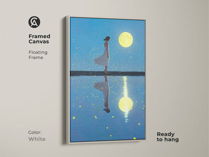 This framed canvas presents surreal artwork with a white floating frame. It depicts a woman gazing at her reflection under the moon. It's a perfect piece for adding fantasy and nature elements to your wall art collection.