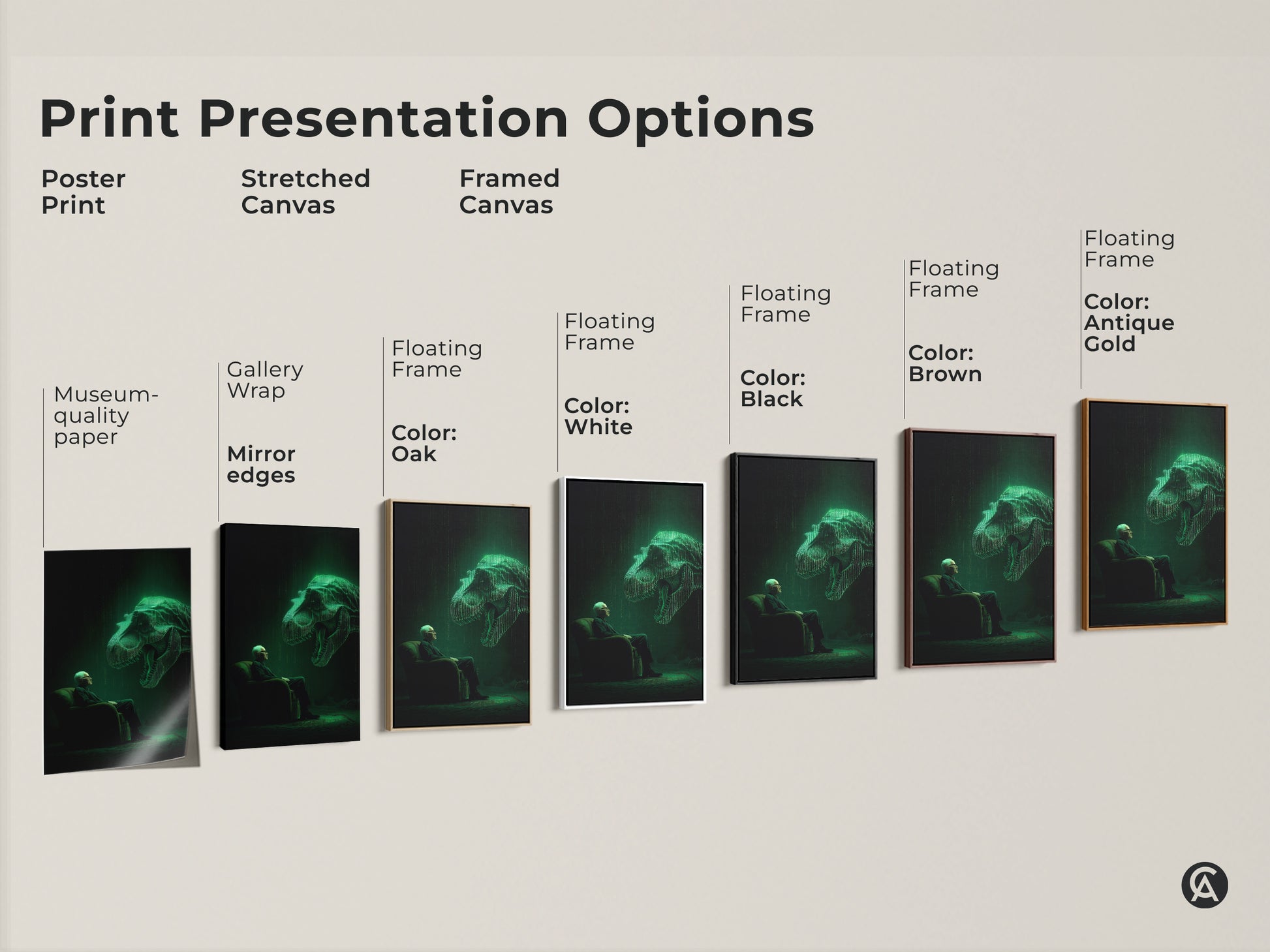 Explore print presentation options with this unique artwork. Choose from poster prints to stretched canvases and framed canvases. Each option highlights the surreal scene. A man faces a glowing T-Rex in binary code.