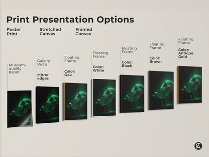 Explore print presentation options with this unique artwork. Choose from poster prints to stretched canvases and framed canvases. Each option highlights the surreal scene. A man faces a glowing T-Rex in binary code.