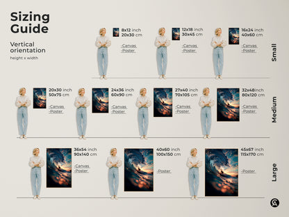 Find your perfect fit with our sizing guide for this surfer wave artwork. Available in various sizes for canvas and poster prints. Visualize how each size will look in your space. Transform your home with stunning coastal art. Explore the options now.