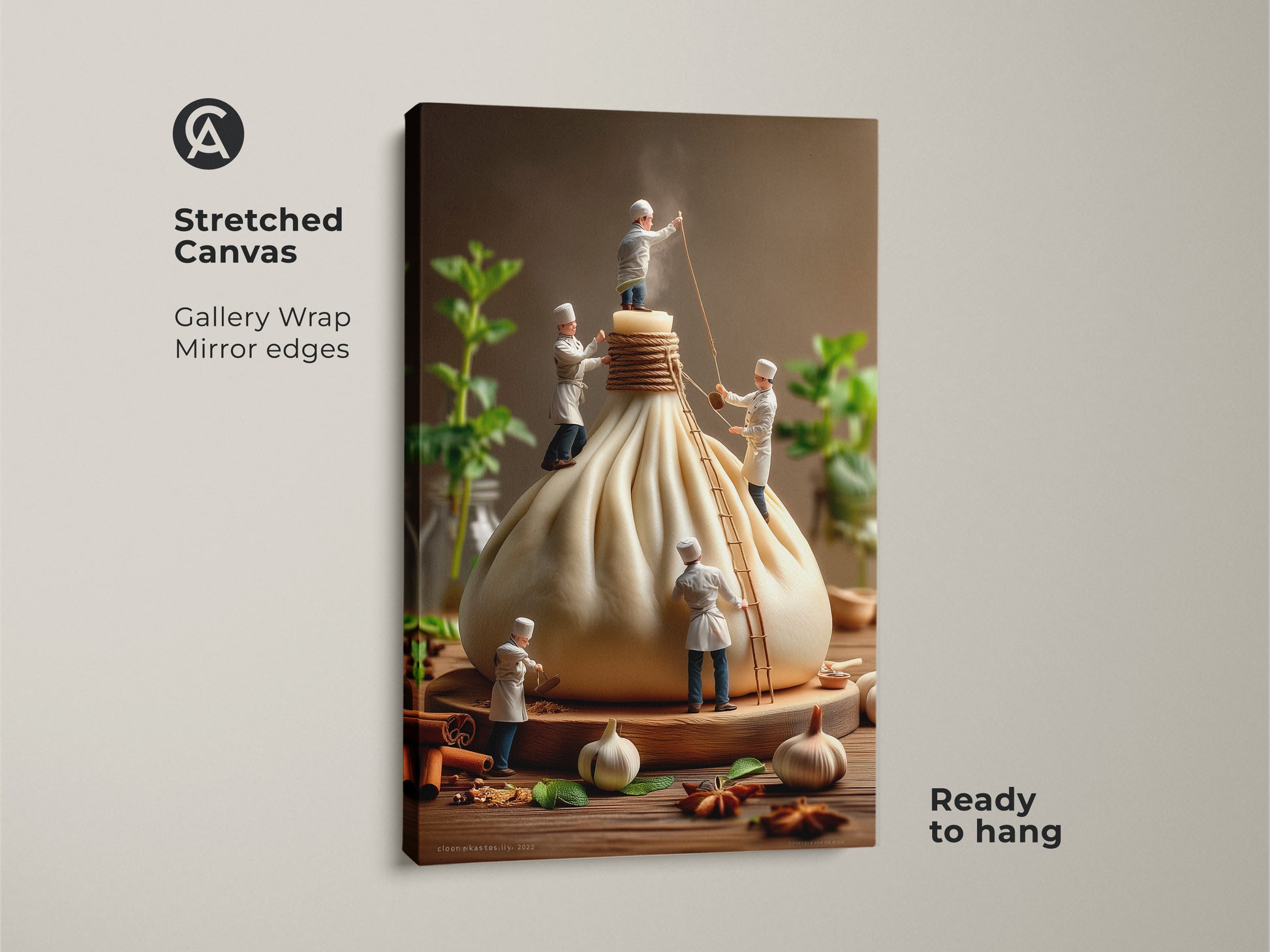 Gallery wrapped canvas print showcases tiny chefs crafting a large dumpling. This stretched canvas artwork features mirror edges and comes ready to hang. A delightful piece for culinary art collectors seeking a modern touch.