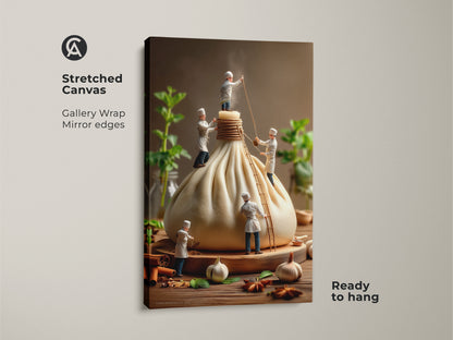 Gallery wrapped canvas print showcases tiny chefs crafting a large dumpling. This stretched canvas artwork features mirror edges and comes ready to hang. A delightful piece for culinary art collectors seeking a modern touch.