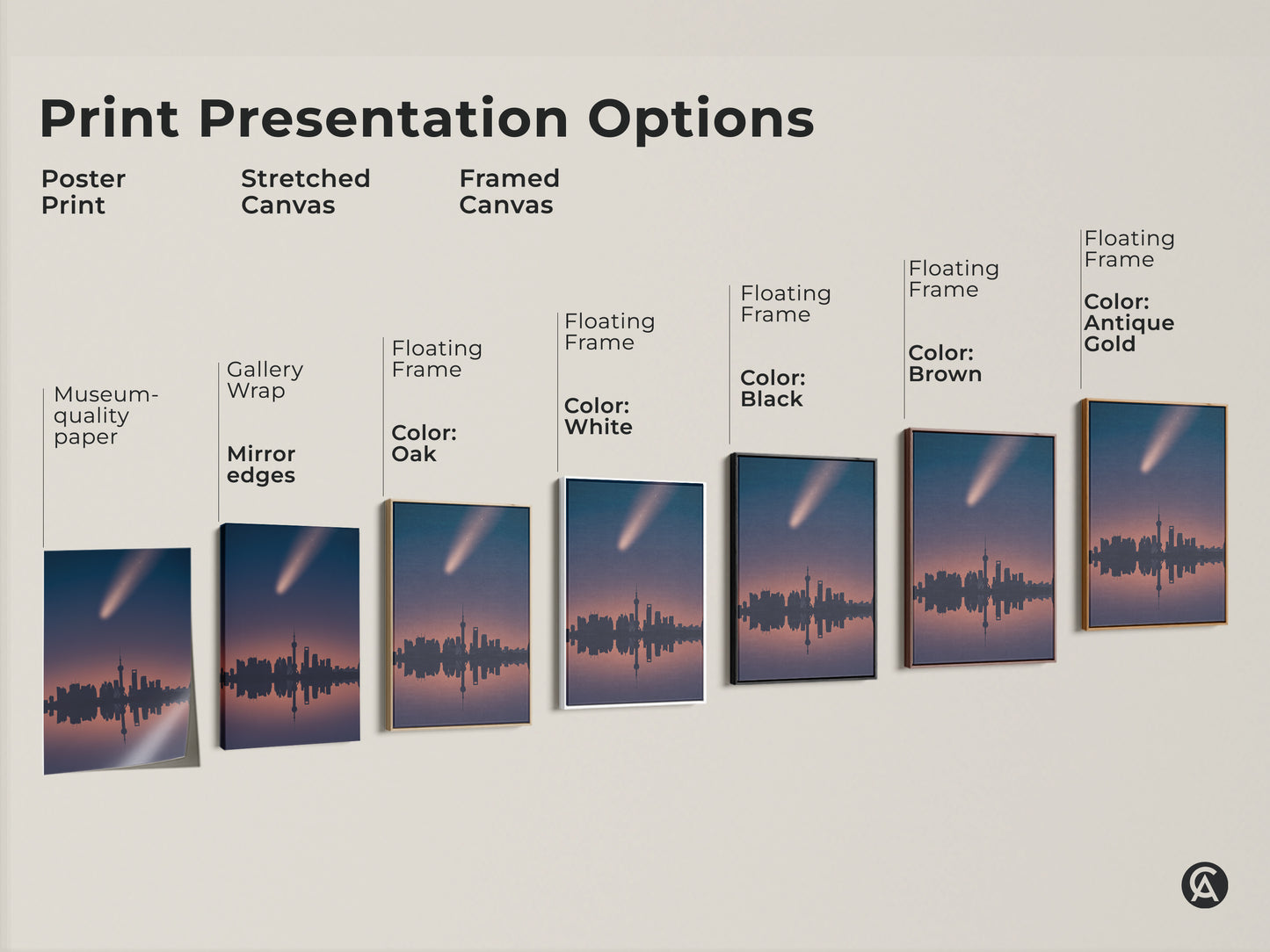 Print presentation options showcasing the Shanghai skyline art. Choose from poster prints stretched canvas or framed canvas. Each piece features a comet streaking across a navy and pink gradient sky.