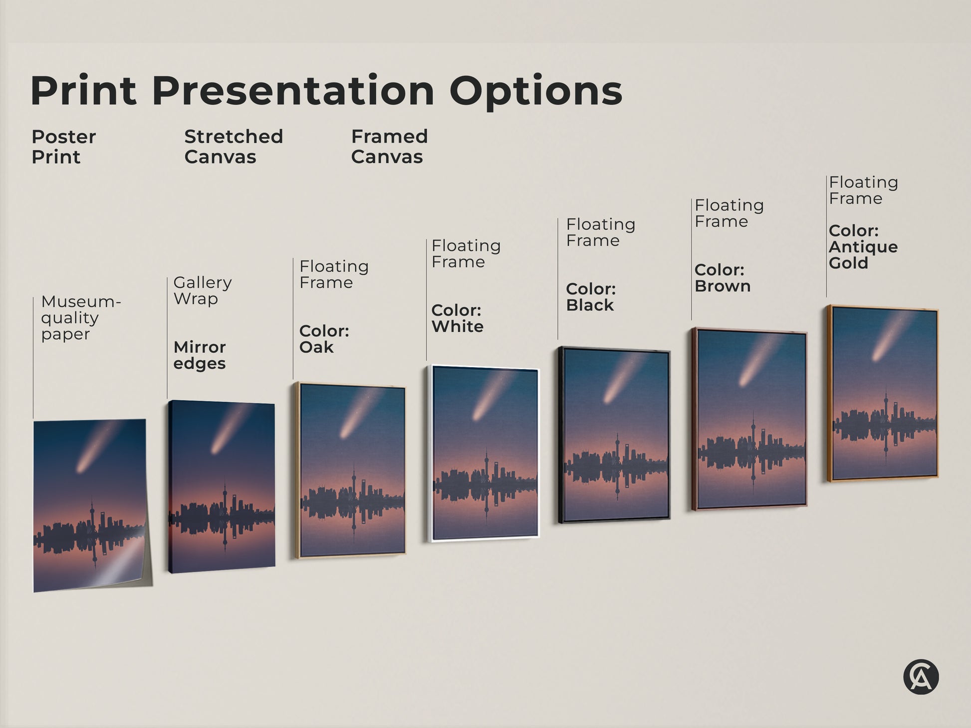 Print presentation options showcasing the Shanghai skyline art. Choose from poster prints stretched canvas or framed canvas. Each piece features a comet streaking across a navy and pink gradient sky.