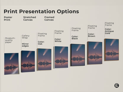 Print presentation options showcasing the Shanghai skyline art. Choose from poster prints stretched canvas or framed canvas. Each piece features a comet streaking across a navy and pink gradient sky.