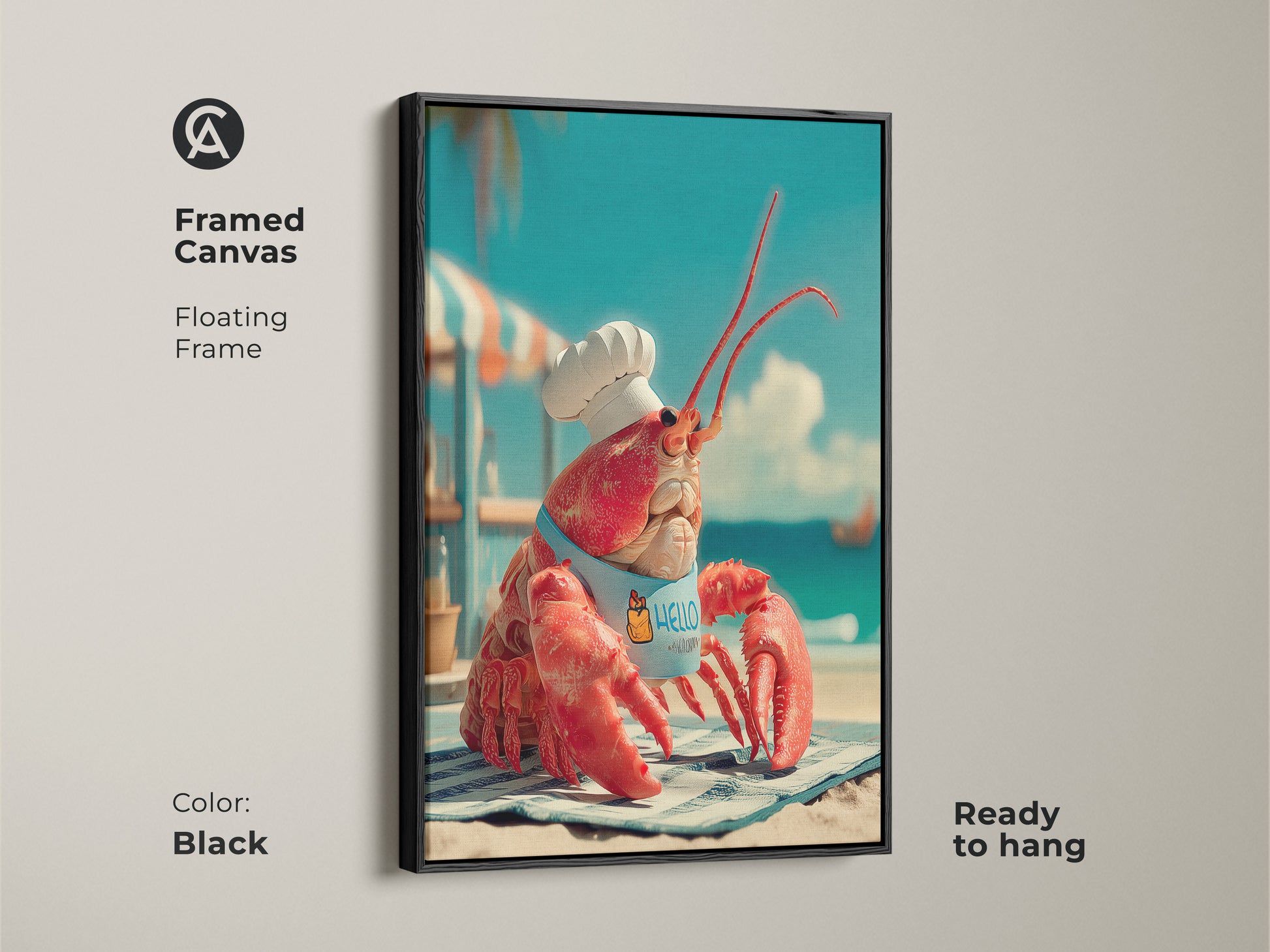 Black framed canvas art featuring a lobster chef. This floating frame enhances the artwork of a lobster wearing a chef's hat and apron. Ready to hang this piece adds a fun nautical touch. The black frame provides a modern clean look.