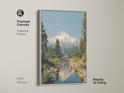 Framed canvas of a rustic mountain river art print with a floating white frame. The snowy peak landscape canvas features pine trees and a blue sky. This scenic nature artwork is ready to hang adding a touch of peacefulness to any room. A great housewarming gift.