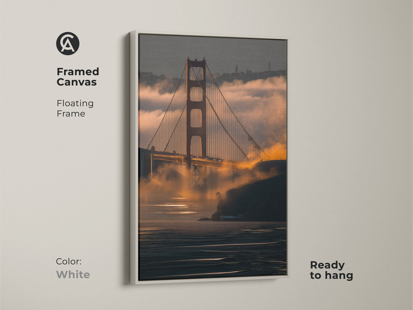 Framed Canvas of the Golden Gate Bridge with a floating white frame. This San Francisco cityscape artwork is ready to hang. A modern piece of wall decor.