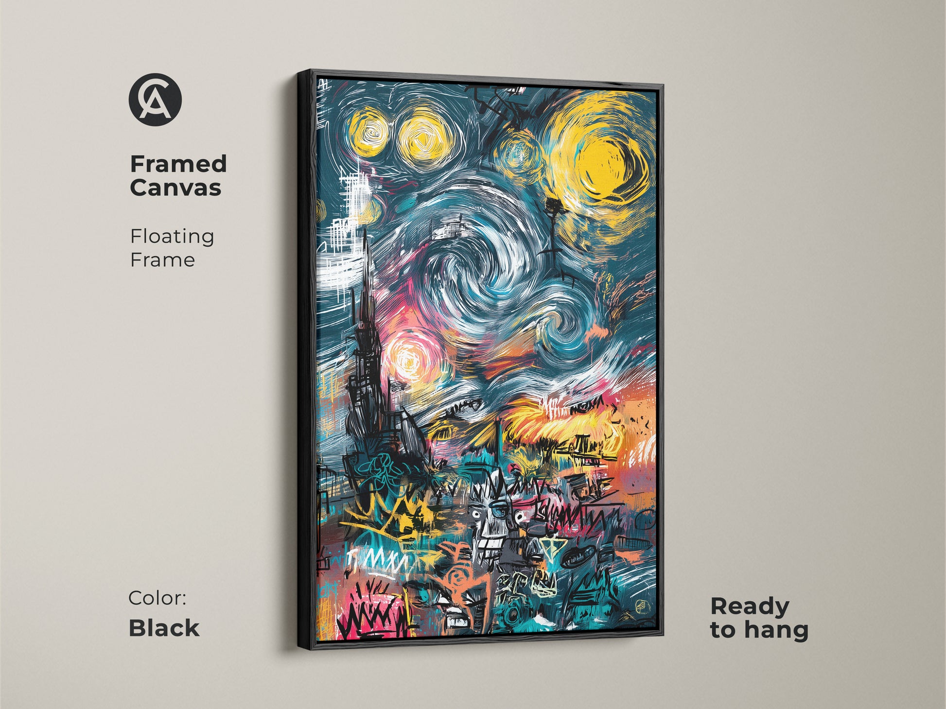 Black Framed Canvas Graffiti Style Starry Night Artwork. The floating frame gives a modern look and is ready to hang. This artwork is a unique addition to your wall decor. Its colorful and vibrant adding an artful touch.