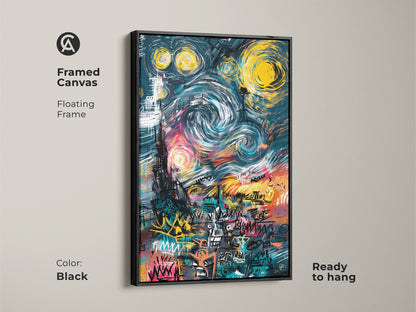Black Framed Canvas Graffiti Style Starry Night Artwork. The floating frame gives a modern look and is ready to hang. This artwork is a unique addition to your wall decor. Its colorful and vibrant adding an artful touch.
