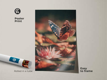 Butterfly and water lily poster print rolled in a tube. This botanical nature artwork is easy to frame. The macro insect photo showcases an eclectic burnt orange and pink decor style.