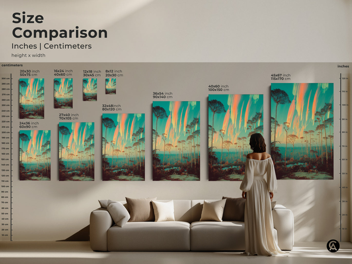 Compare sizes of the surreal forest canvas and poster prints. See how this dreamlike landscape featuring slender trees fits above a sofa. Visualize the teal and orange tones as eclectic nature wall decor. A great way to bring a unique artistic touch and bohemian feel to your living space.