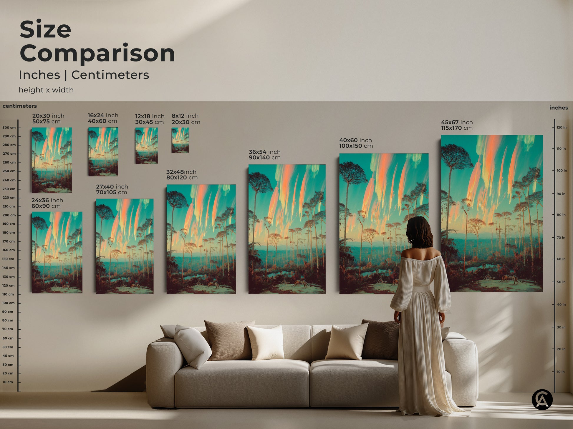 Compare sizes of the surreal forest canvas and poster prints. See how this dreamlike landscape featuring slender trees fits above a sofa. Visualize the teal and orange tones as eclectic nature wall decor. A great way to bring a unique artistic touch and bohemian feel to your living space.