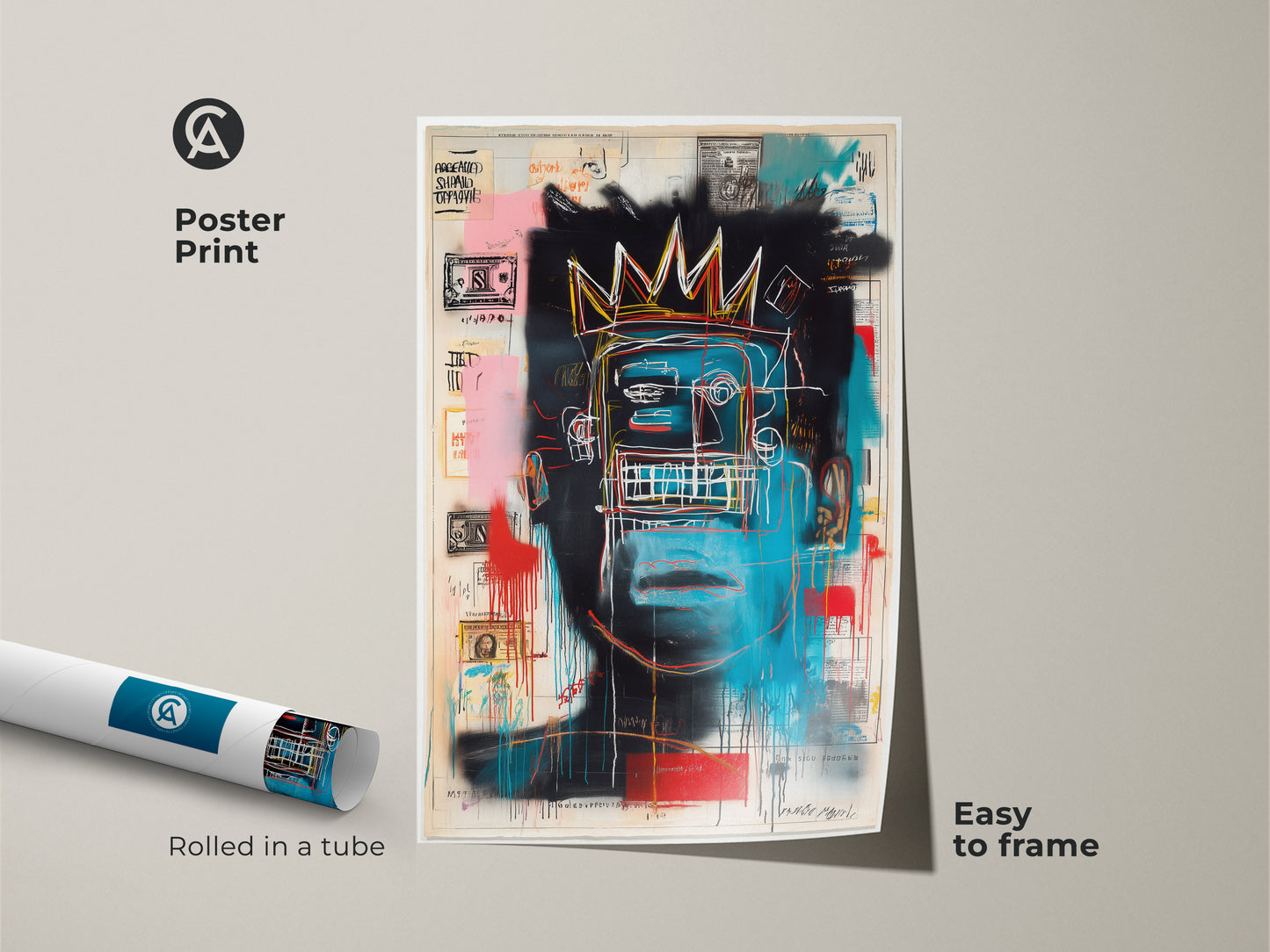 Basquiat-inspired poster print rolled in a tube. The artwork features a crowned blue face. Easy to frame. This museum-quality paper ensures lasting beauty. Perfect for art enthusiasts. Enhance your space with this iconic art piece. Ideal for adding a touch of modern sophistication.