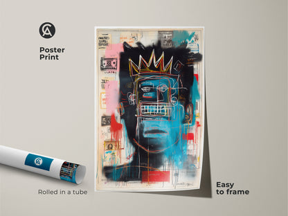 Basquiat-inspired poster print rolled in a tube. The artwork features a crowned blue face. Easy to frame. This museum-quality paper ensures lasting beauty. Perfect for art enthusiasts. Enhance your space with this iconic art piece. Ideal for adding a touch of modern sophistication.