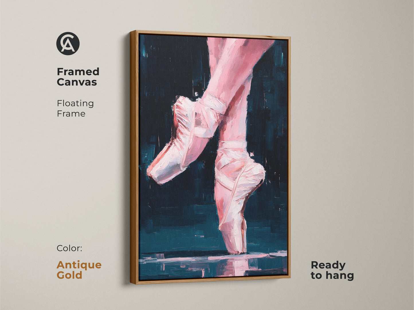 Framed canvas of ballerina feet artwork with an antique gold floating frame. This ready-to-hang painting features pink feet and white ballet slippers. Elevate your space with this stunning ballet art piece.