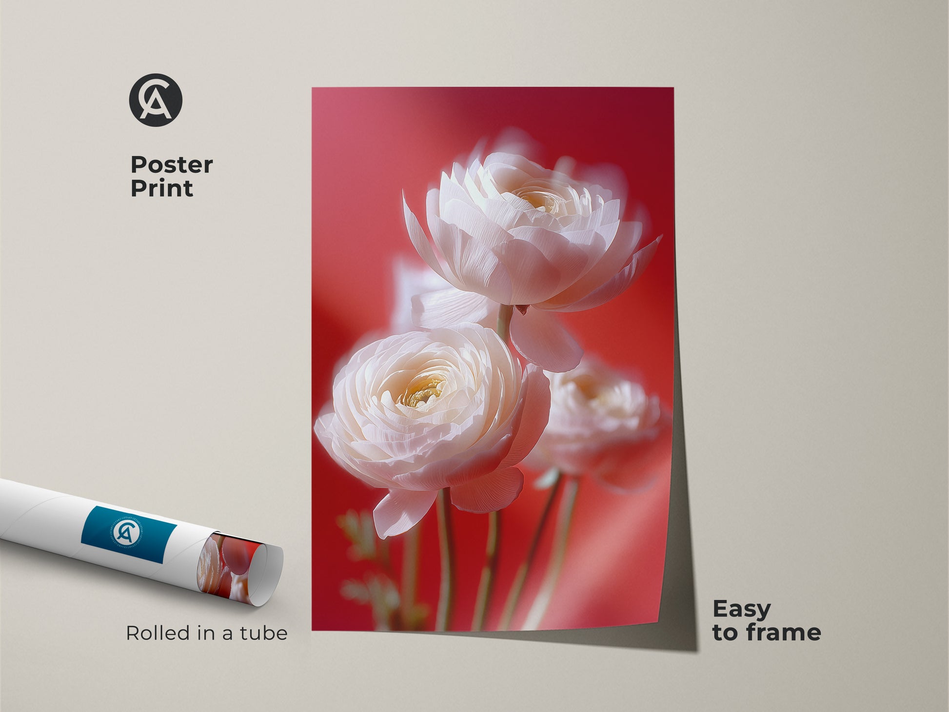 Easy to frame poster print presents a soft focus botanical photography of white ranunculus. Against a striking coral pink background this floral art creates a modern aesthetic. A great option for aesthetic bedroom art or a gift for garden lovers. This contemporary botanical print is museum-quality.