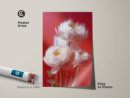 Easy to frame poster print presents a soft focus botanical photography of white ranunculus. Against a striking coral pink background this floral art creates a modern aesthetic. A great option for aesthetic bedroom art or a gift for garden lovers. This contemporary botanical print is museum-quality.