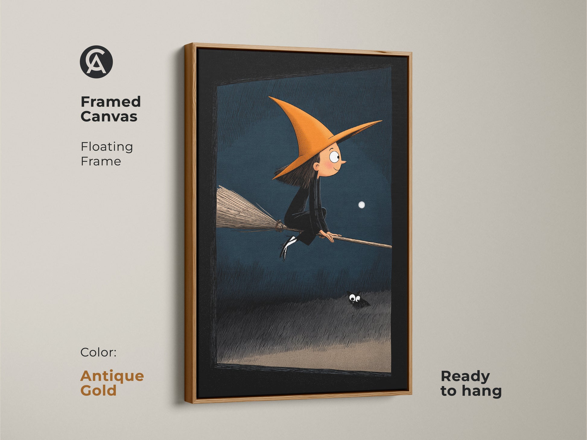 A framed canvas art print with a floating frame in antique gold displays Halloween Witch art. The whimsical fantasy artwork shows a young witch spider and moonlit sky. The piece is ready to hang adding a magical touch. Perfect for kids room decor seasonal wall decor or a fantasy Halloween gift.